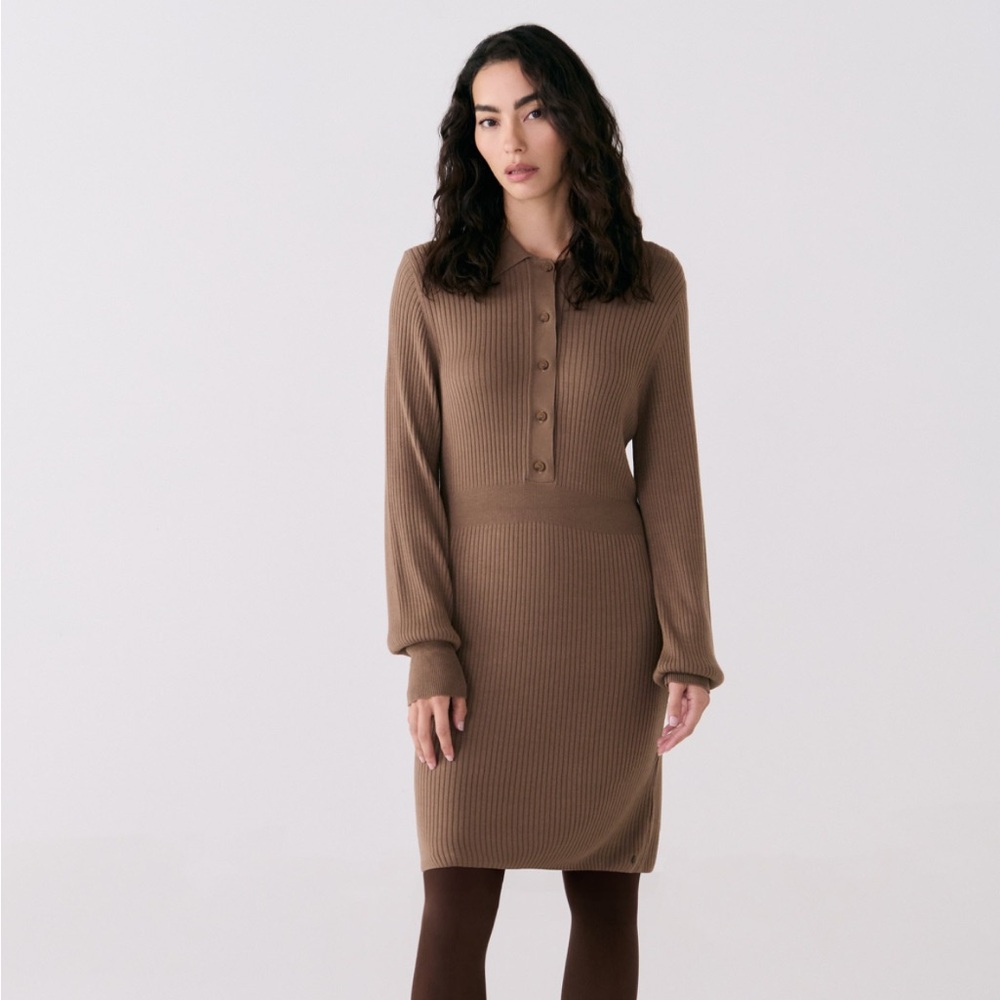 Lole Ribbed Long-Sleeve Polo Dress in Brown